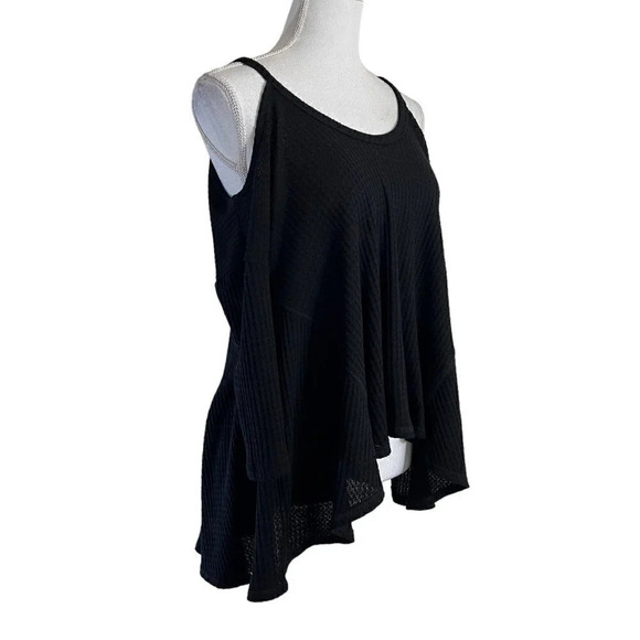 Aqua Black Knit Cold Shoulder Top Size XS Flowy High Low Pullover Relaxed Fit - Picture 2 of 6